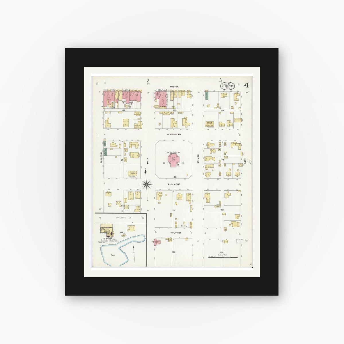 Old map wall art mockup — black gallery frame with white mat — Sanborn Fire Insurance Map from Giddings, Lee County, Texas (1906), Sheet #0004