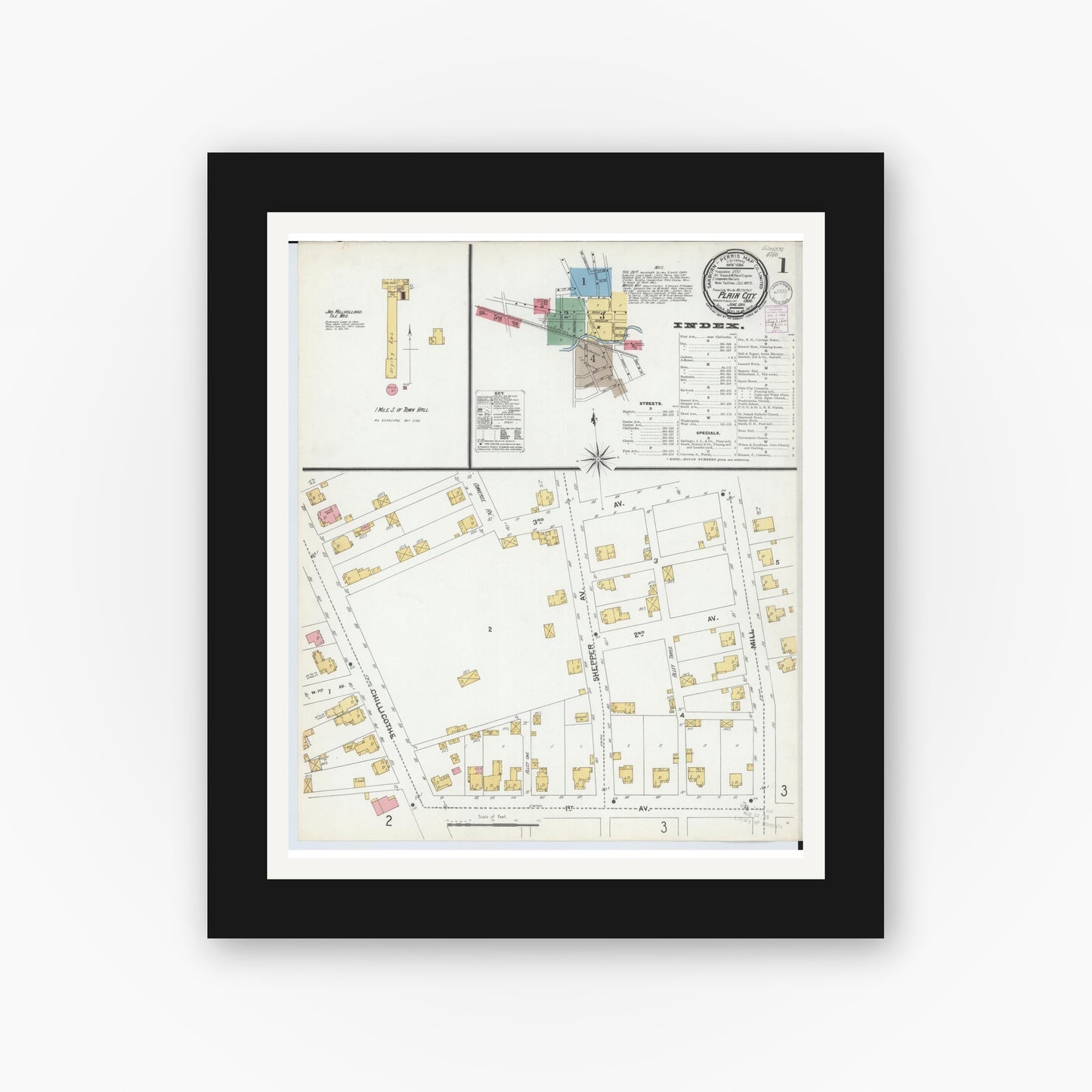 Old map wall art mockup — black gallery frame with white mat — Sanborn Fire Insurance Map from Plain City, Madison And Union Counties, Ohio (1901), Sheet #0001