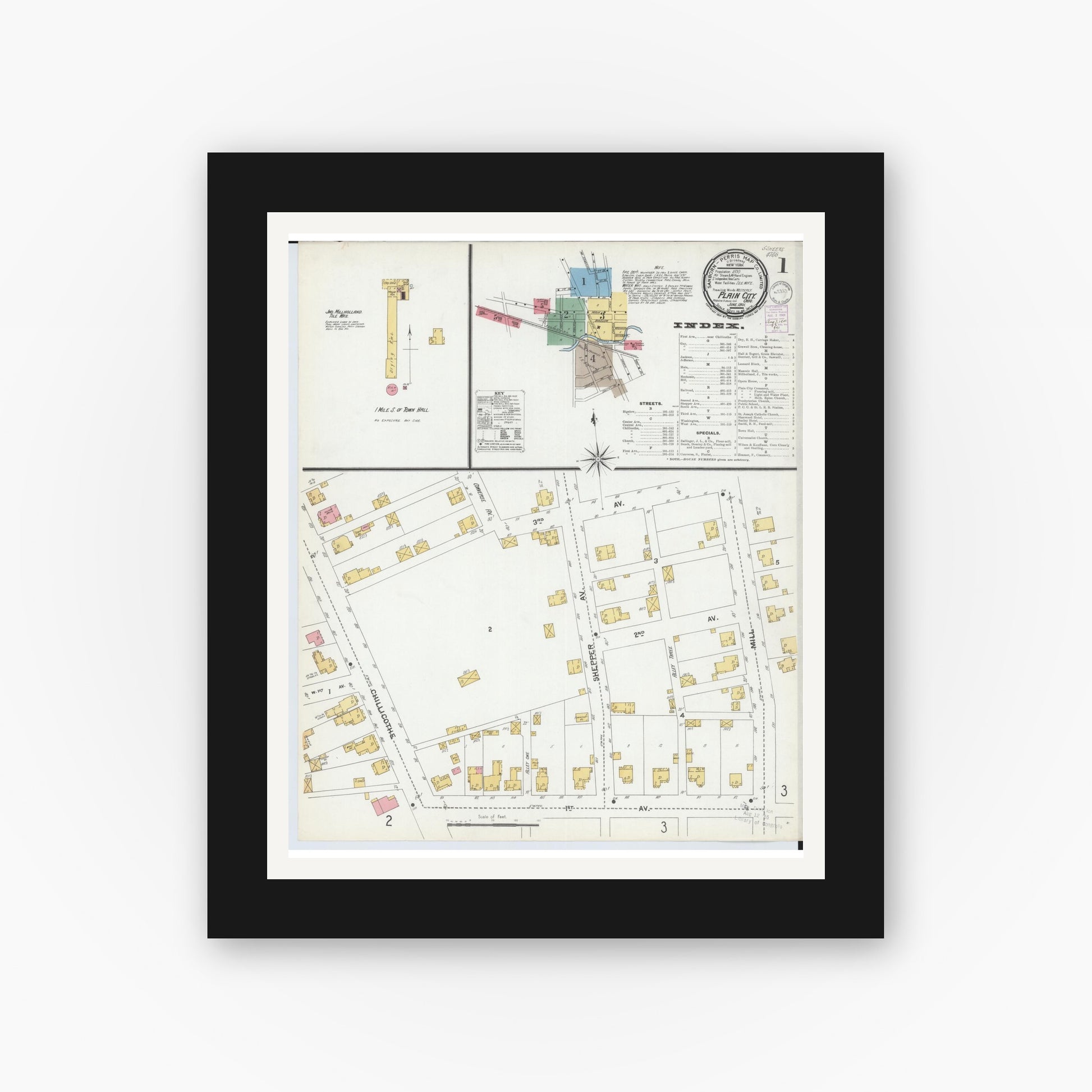 Old map wall art mockup — black gallery frame with white mat — Sanborn Fire Insurance Map from Plain City, Madison And Union Counties, Ohio (1901), Sheet #0001