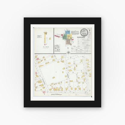 Old map wall art mockup — black gallery frame with white mat — Sanborn Fire Insurance Map from Plain City, Madison And Union Counties, Ohio (1901), Sheet #0001