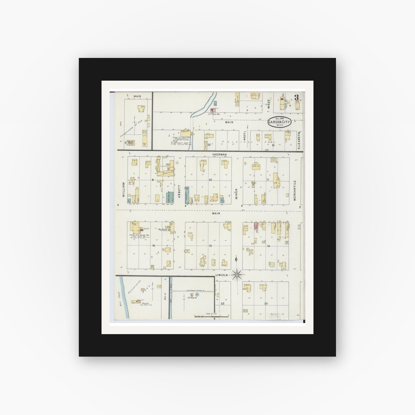 Old map wall art mockup — black gallery frame with white mat — Sanborn Fire Insurance Map from Carson City, Montcalm County, Michigan (1894), Sheet #0003