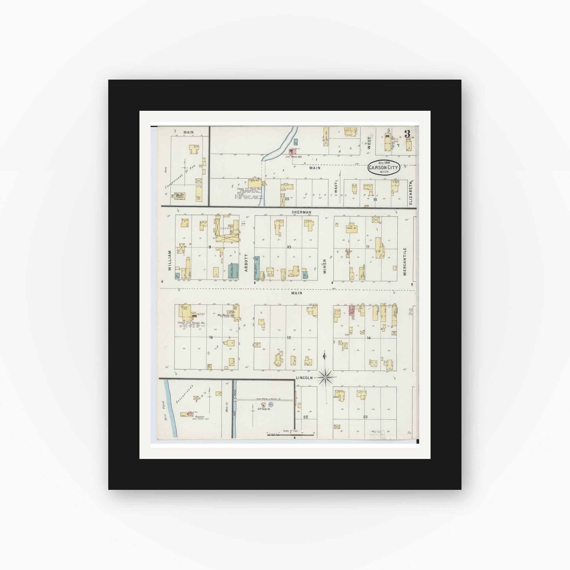 Old map wall art mockup — black gallery frame with white mat — Sanborn Fire Insurance Map from Carson City, Montcalm County, Michigan (1894), Sheet #0003