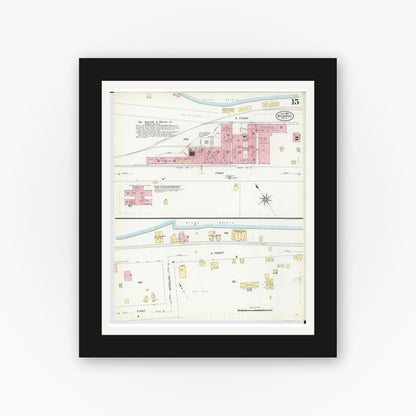 Old map wall art mockup — black gallery frame with white mat — Sanborn Fire Insurance Map from Monroe, Monroe County, Michigan (1908), Sheet #0015