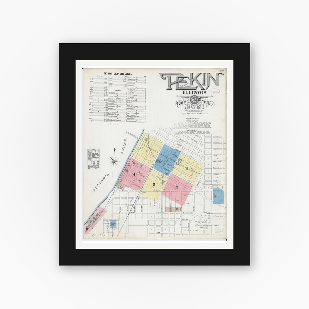 Old map wall art mockup — black gallery frame with white mat — Sanborn Fire Insurance Map from Pekin, Tazewell County, Illinois (1892), Sheet #0001