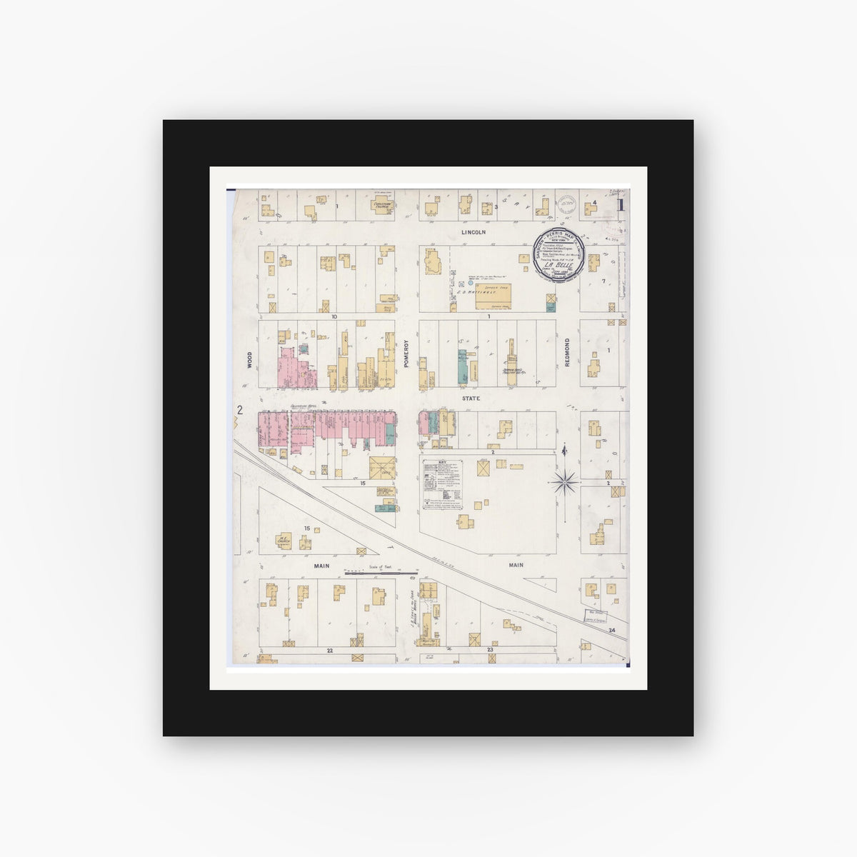 Old map wall art mockup — black gallery frame with white mat — Sanborn Fire Insurance Map from La Belle, Lewis County, Missouri (1899) - Complete Map Set