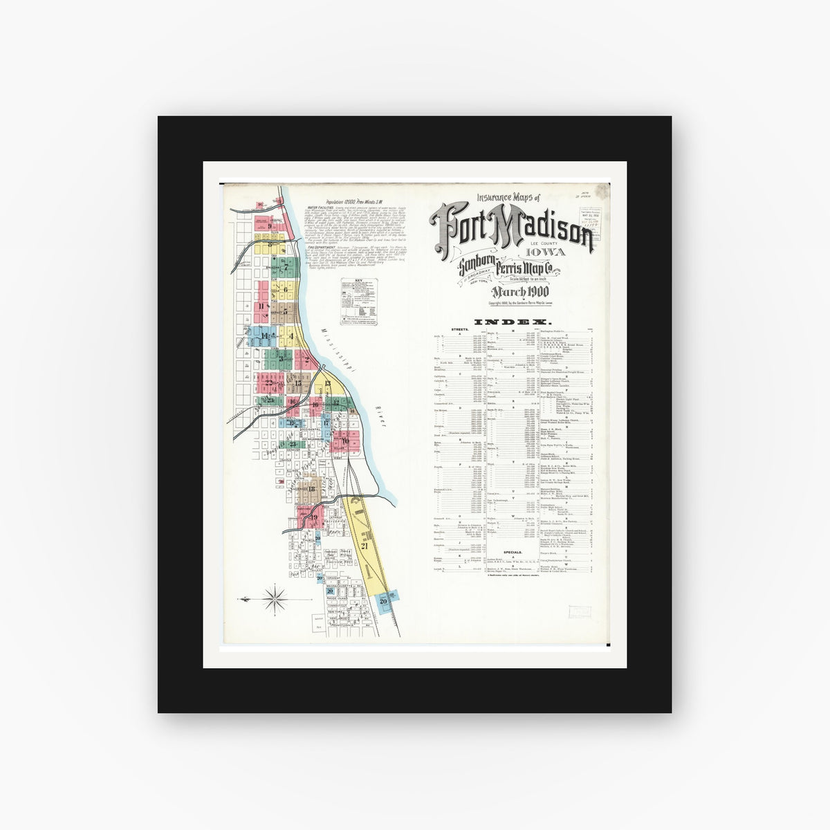 Old map wall art mockup — black gallery frame with white mat — Sanborn Fire Insurance Map from Fort Madison, Lee County, Iowa (1900) â€” Complete Set