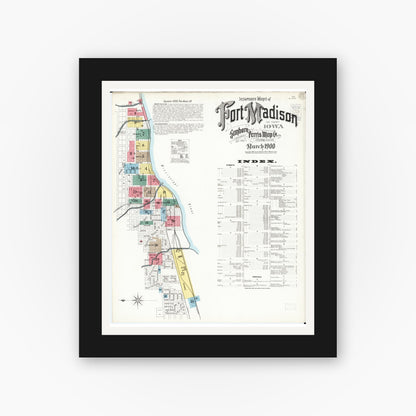 Old map wall art mockup — black gallery frame with white mat — Sanborn Fire Insurance Map from Fort Madison, Lee County, Iowa (1900) â€” Complete Set