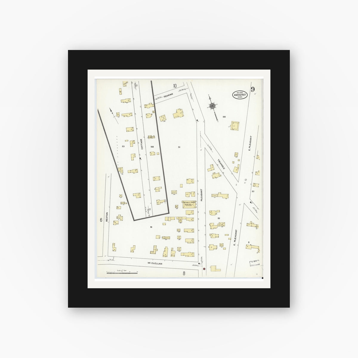Old map wall art mockup — black gallery frame with white mat — Sanborn Fire Insurance Map from Amherst, Hampshire County, Massachusetts (1910), Sheet #0009