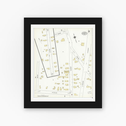 Old map wall art mockup — black gallery frame with white mat — Sanborn Fire Insurance Map from Amherst, Hampshire County, Massachusetts (1910), Sheet #0009
