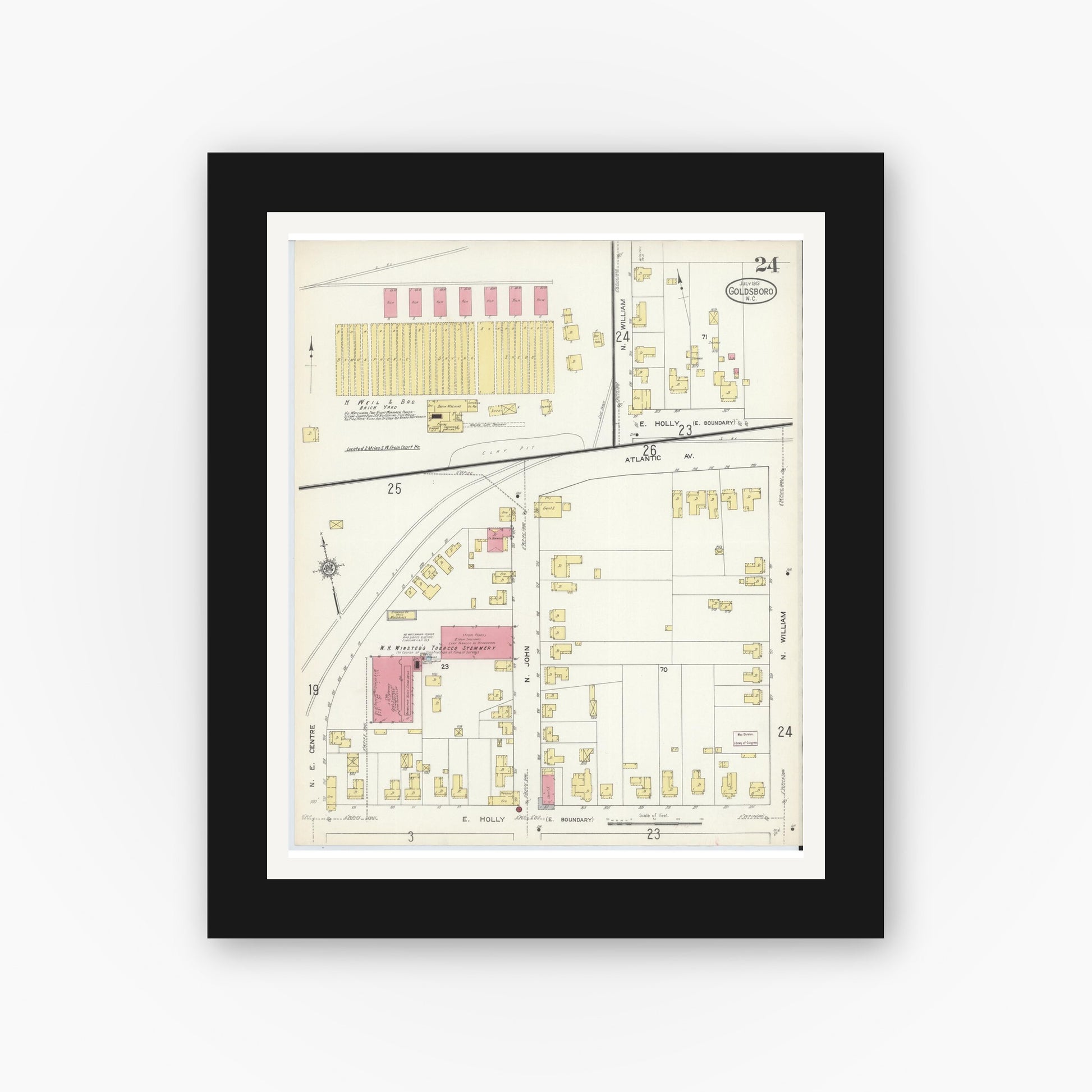 Old map wall art mockup — black gallery frame with white mat — Sanborn Fire Insurance Map from Goldsboro, Wayne County, North Carolina (1913), Sheet #0024