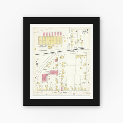 Old map wall art mockup — black gallery frame with white mat — Sanborn Fire Insurance Map from Goldsboro, Wayne County, North Carolina (1913), Sheet #0024