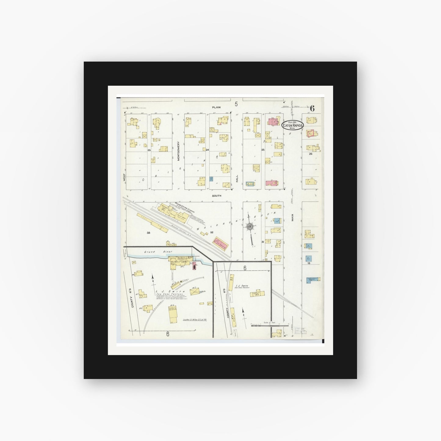 Old map wall art mockup — black gallery frame with white mat — Sanborn Fire Insurance Map from Eaton Rapids, Eaton County, Michigan (1911), Sheet #0006