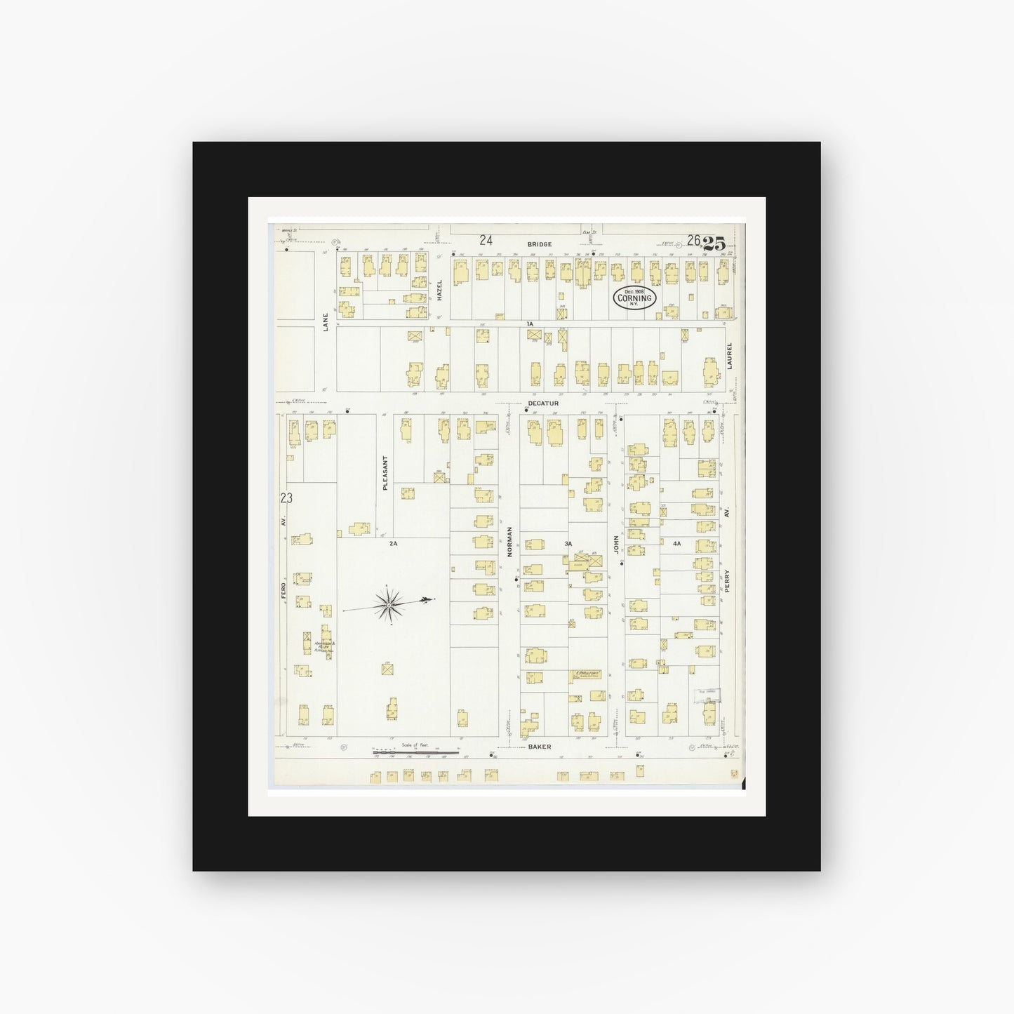 Old map wall art mockup — black gallery frame with white mat — Sanborn Fire Insurance Map from Corning, Steuben County, New York (1908), Sheet #0025