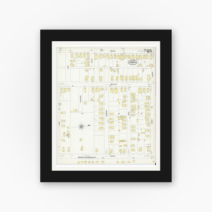 Old map wall art mockup — black gallery frame with white mat — Sanborn Fire Insurance Map from Corning, Steuben County, New York (1908), Sheet #0025