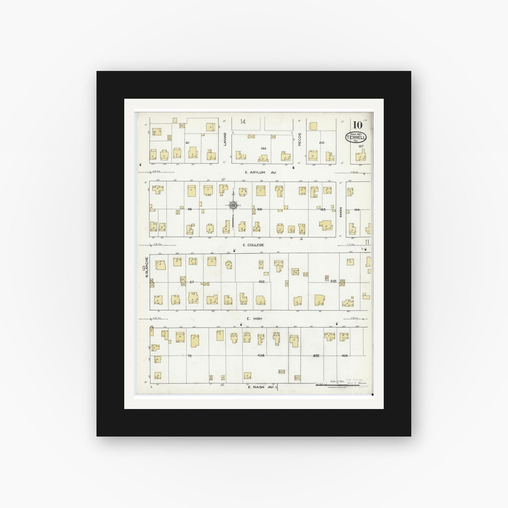 Old map wall art mockup — black gallery frame with white mat — Sanborn Fire Insurance Map from Terrell, Kaufman County, Texas (1921), Sheet #0010