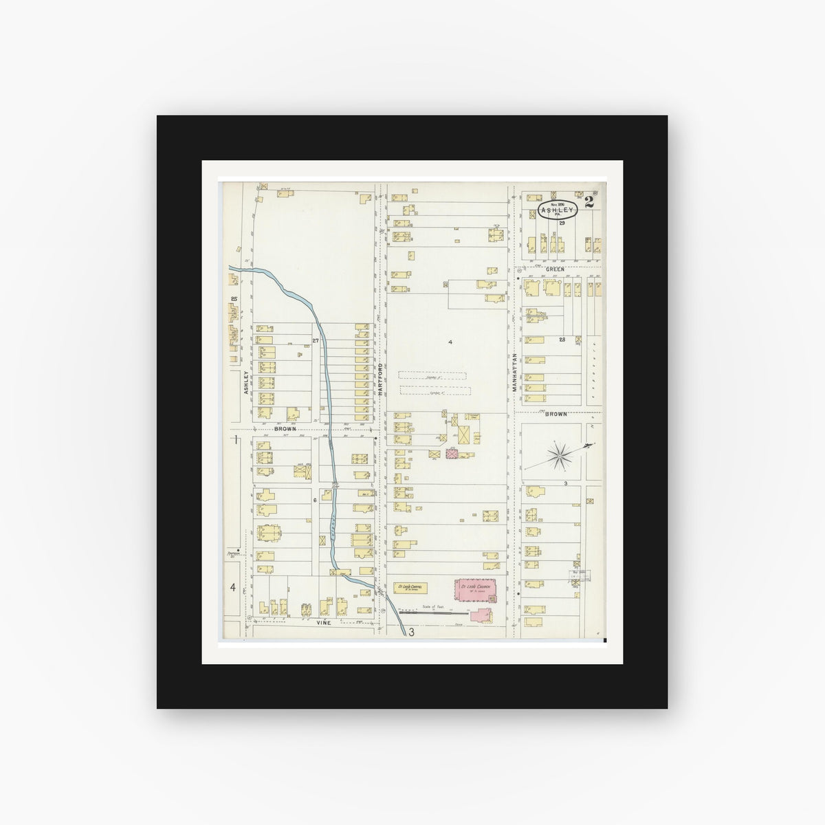 Old map wall art mockup — black gallery frame with white mat — Sanborn Fire Insurance Map from Ashley, Luzerne County, Pennsylvania (1896), Sheet #0002