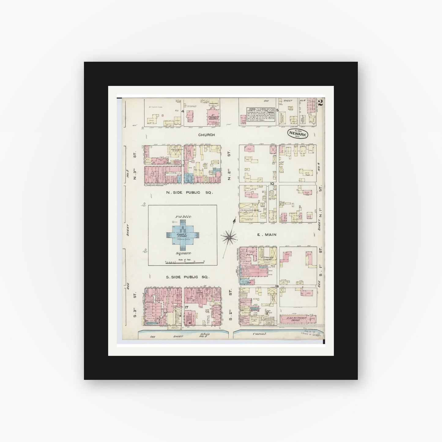 Old map wall art mockup — black gallery frame with white mat — Sanborn Fire Insurance Map from Newark, Licking County, Ohio (1884), Sheet #0002