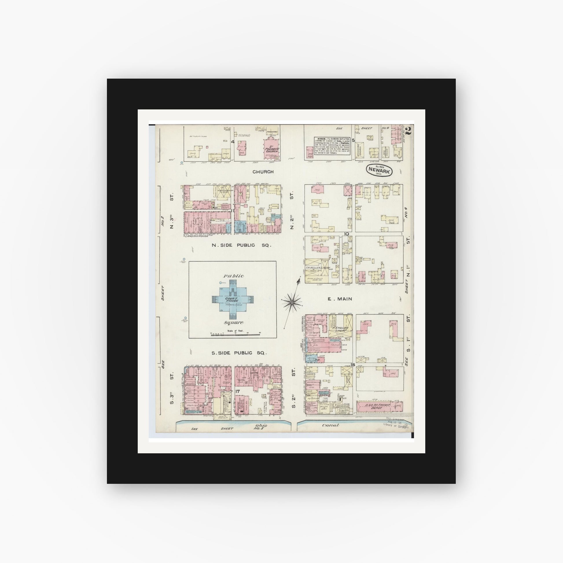 Old map wall art mockup — black gallery frame with white mat — Sanborn Fire Insurance Map from Newark, Licking County, Ohio (1884), Sheet #0002