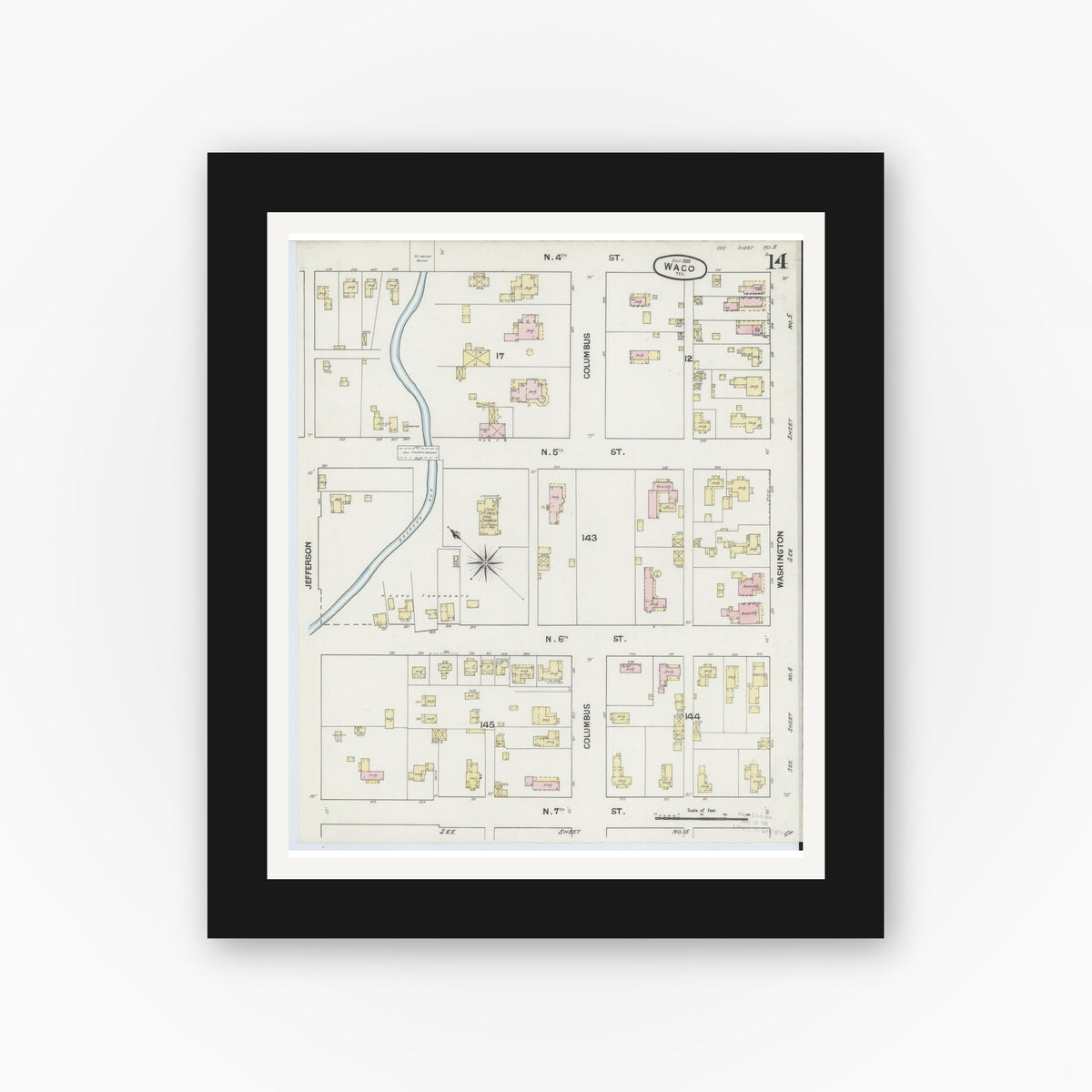 Old map wall art mockup — black gallery frame with white mat — Sanborn Fire Insurance Map from Waco, McLennan County, Texas (1889), Sheet #0014