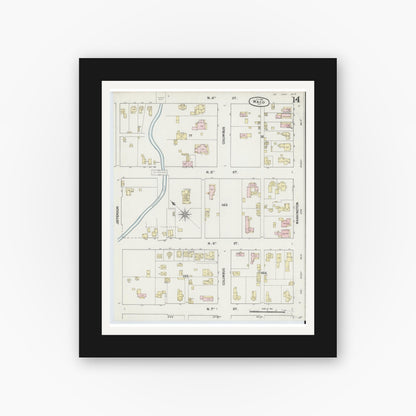 Old map wall art mockup — black gallery frame with white mat — Sanborn Fire Insurance Map from Waco, McLennan County, Texas (1889), Sheet #0014