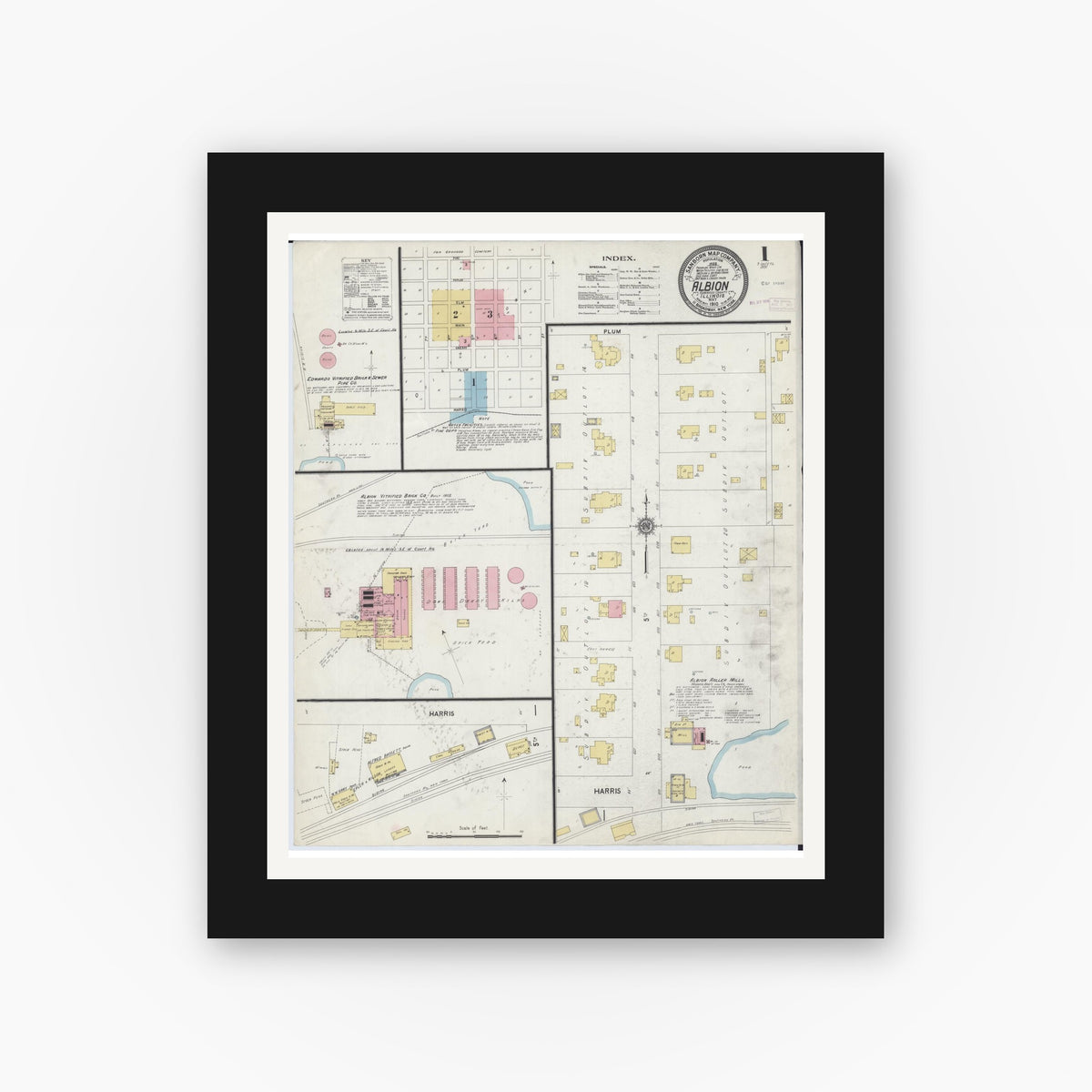 Old map wall art mockup — black gallery frame with white mat — Sanborn Fire Insurance Map from Albion, Edwards County, Illinois (1910), Sheet #0001