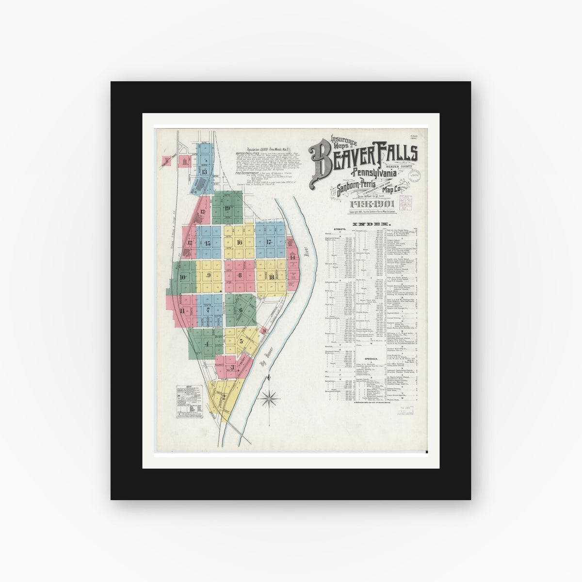 Old map wall art mockup — black gallery frame with white mat — Sanborn Fire Insurance Map from Beaver Falls, Beaver County, Pennsylvania (1901) - Complete Map Set