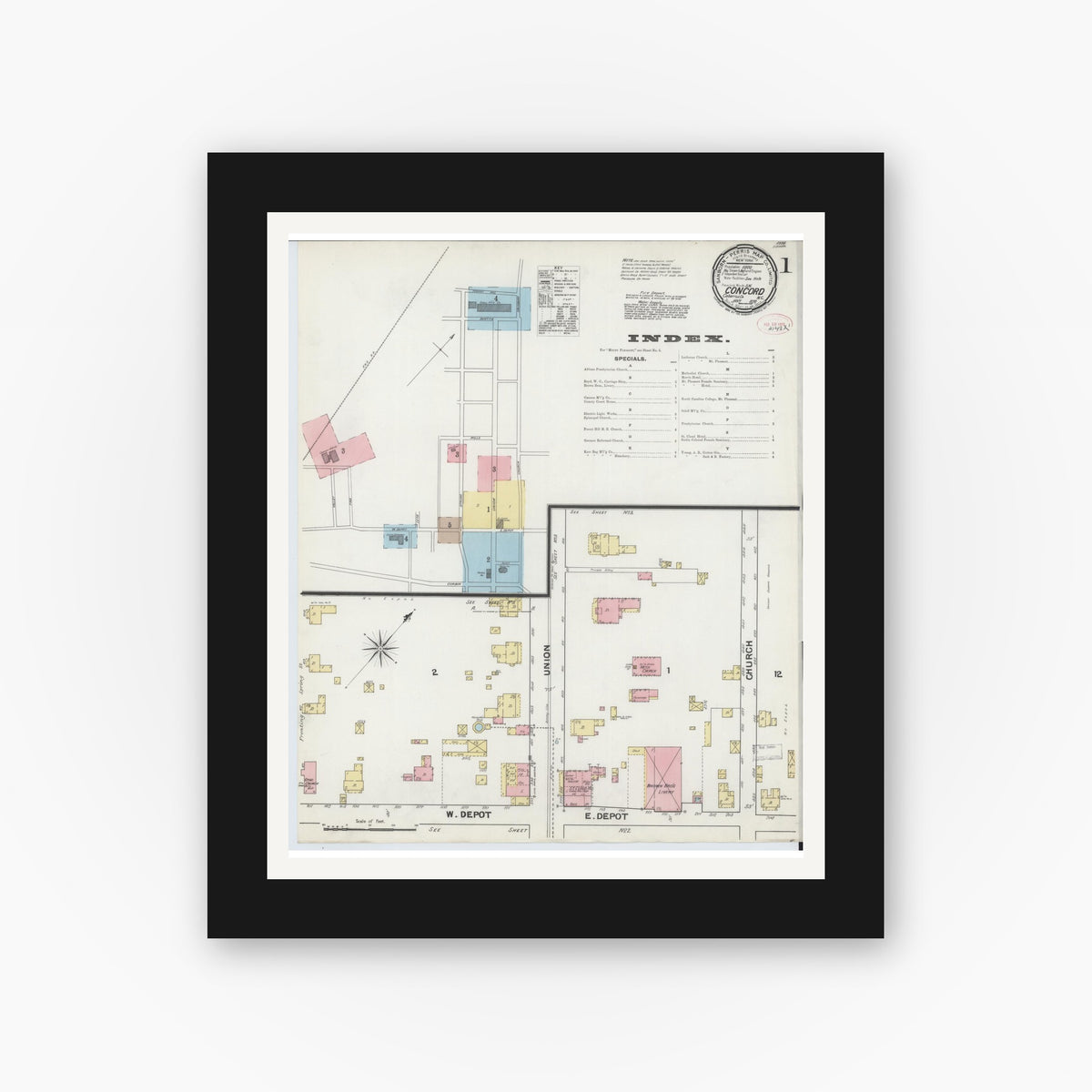 Old map wall art mockup — black gallery frame with white mat — Sanborn Fire Insurance Map from Concord, Cabarrus County, North Carolina (1892) - Complete Map Set