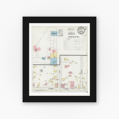 Old map wall art mockup — black gallery frame with white mat — Sanborn Fire Insurance Map from Concord, Cabarrus County, North Carolina (1892) - Complete Map Set
