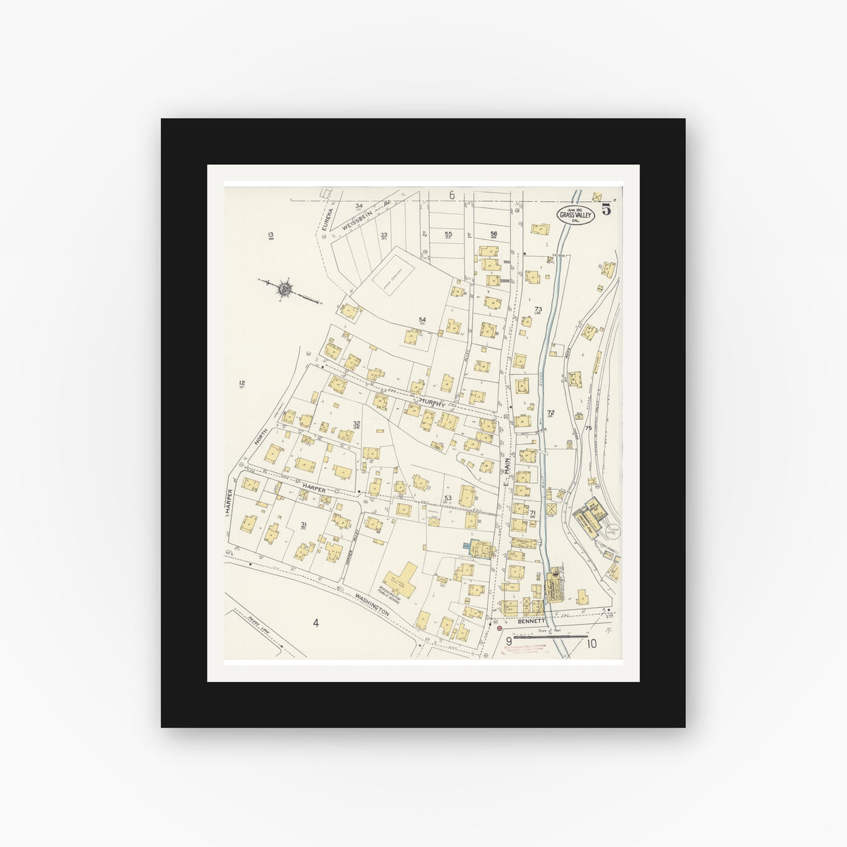 Old map wall art mockup — black gallery frame with white mat — Sanborn Fire Insurance Map from Grass Valley, Nevada County, California (1912), Sheet #0005