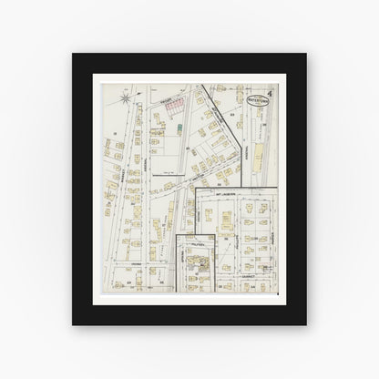 Old map wall art mockup — black gallery frame with white mat — Sanborn Fire Insurance Map from Watertown, Middlesex County, Massachusetts (1889), Sheet #0004