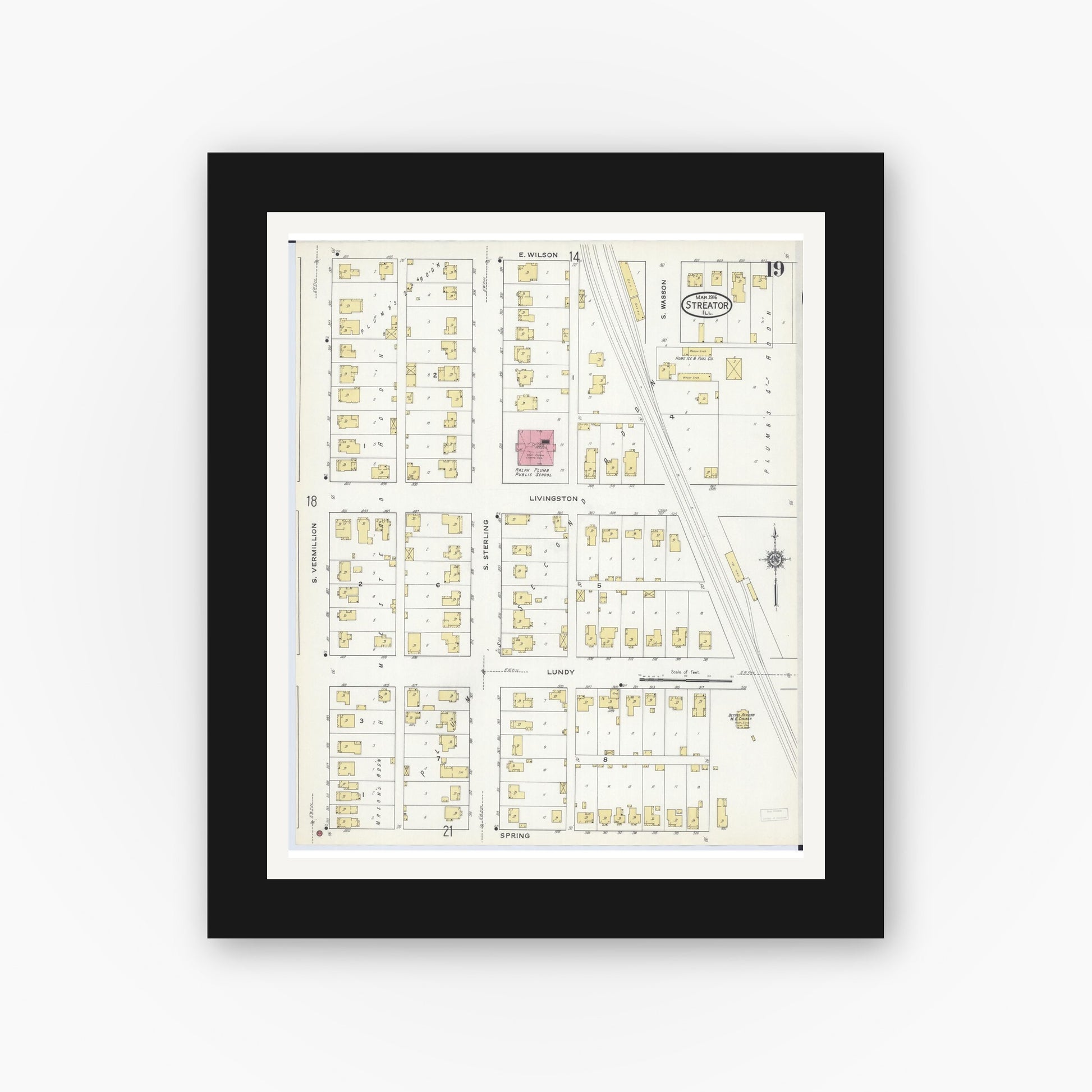 Old map wall art mockup — black gallery frame with white mat — Sanborn Fire Insurance Map from Streator, La Salle County, Illinois (1916), Sheet #0019