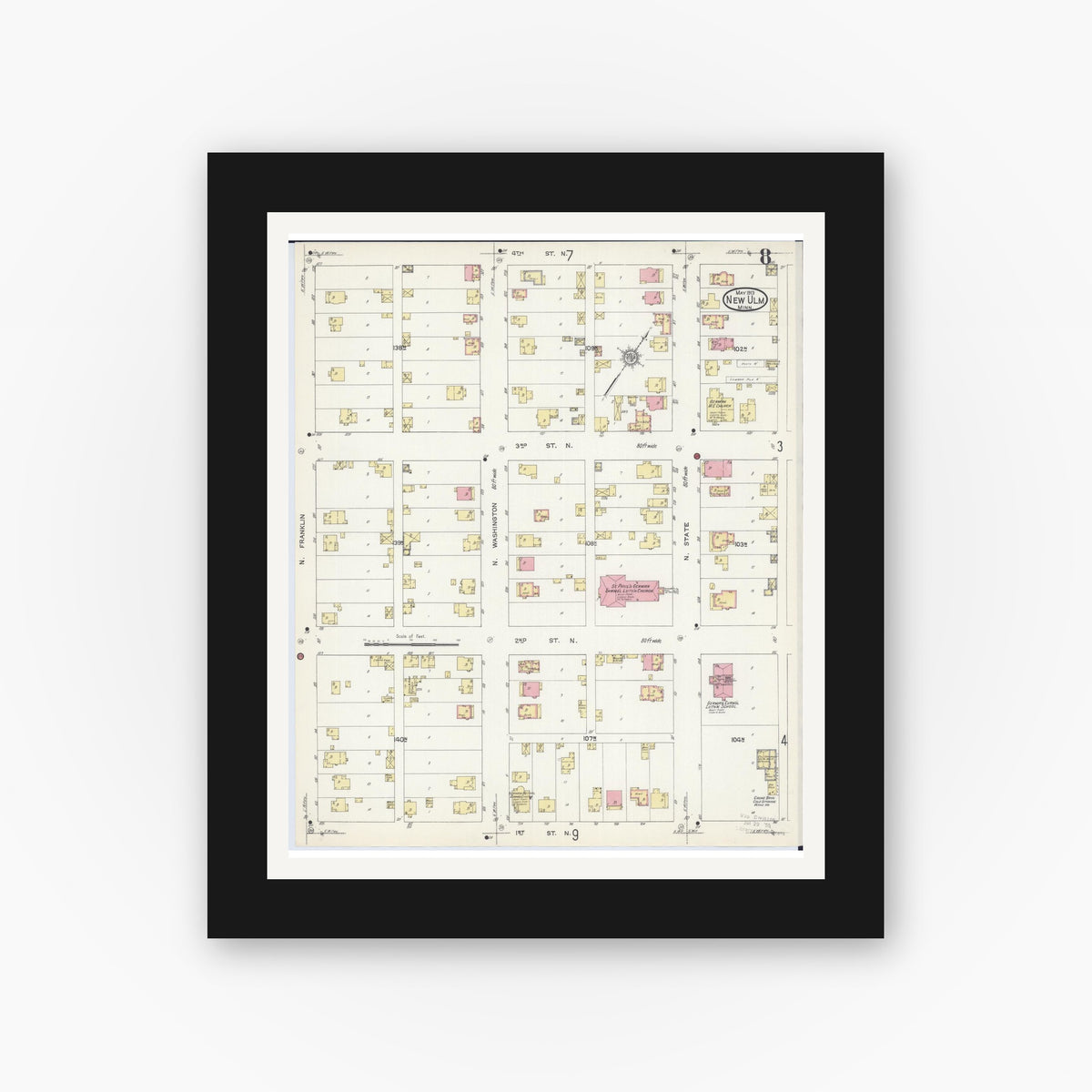 Old map wall art mockup — black gallery frame with white mat — Sanborn Fire Insurance Map from New Ulm, Brown County, Minnesota (1913), Sheet #0008
