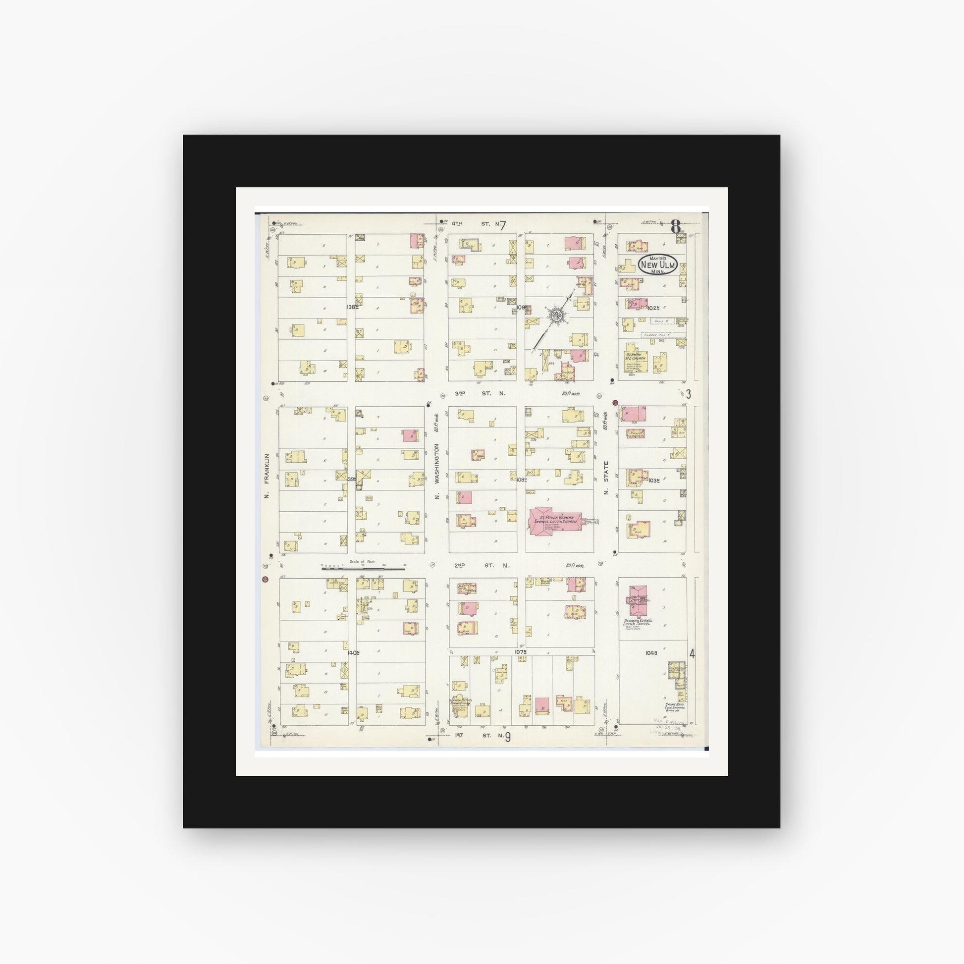 Old map wall art mockup — black gallery frame with white mat — Sanborn Fire Insurance Map from New Ulm, Brown County, Minnesota (1913), Sheet #0008