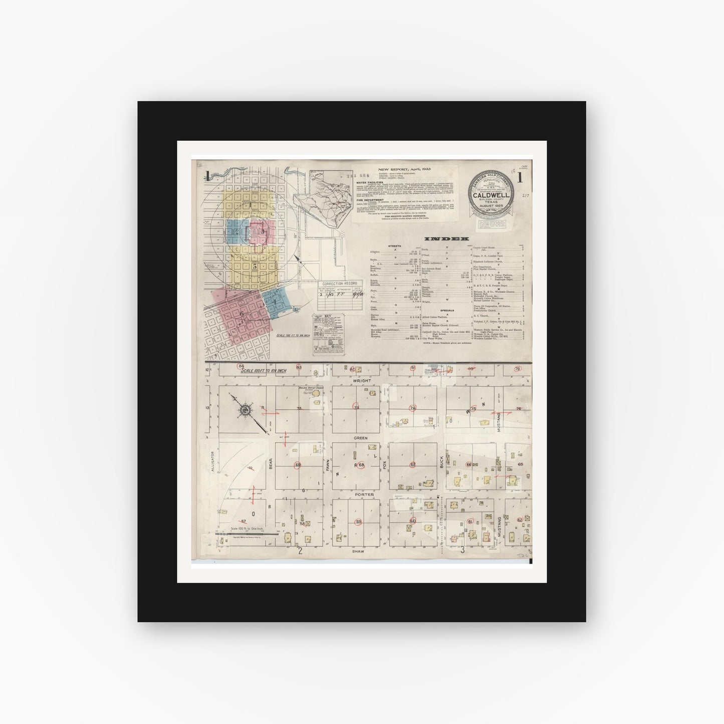 Old map wall art mockup — black gallery frame with white mat — Sanborn Fire Insurance Map from Caldwell, Burleson County, Texas (1943), Sheet #0001