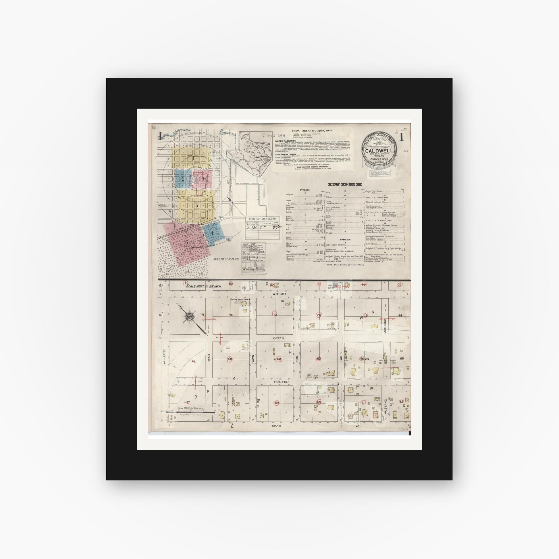 Old map wall art mockup — black gallery frame with white mat — Sanborn Fire Insurance Map from Caldwell, Burleson County, Texas (1943), Sheet #0001
