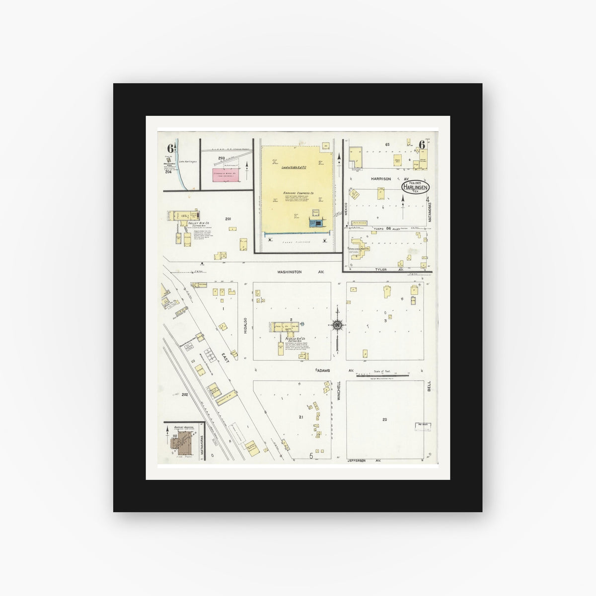 Old map wall art mockup — black gallery frame with white mat — Sanborn Fire Insurance Map from Harlingen, Cameron County, Texas (1925), Sheet #0006