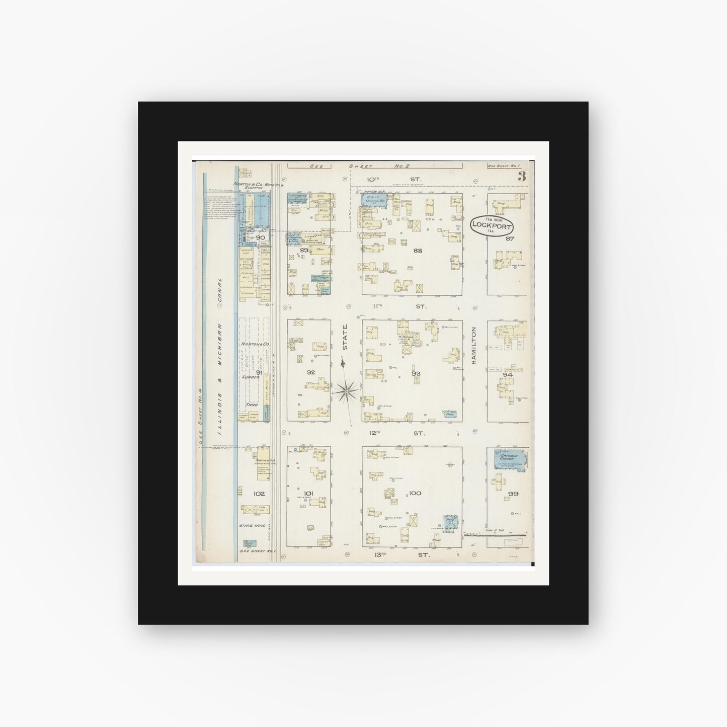 Old map wall art mockup — black gallery frame with white mat — Sanborn Fire Insurance Map from Lockport, Will County, Illinois (1886), Sheet #0003