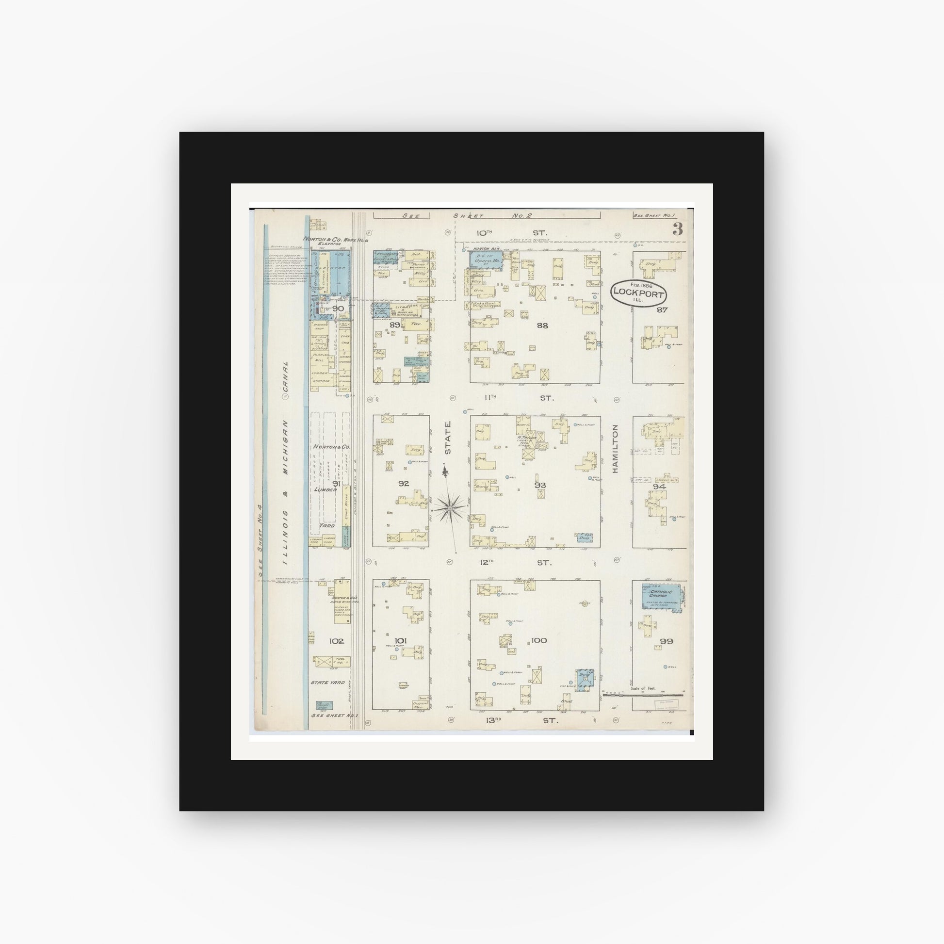 Old map wall art mockup — black gallery frame with white mat — Sanborn Fire Insurance Map from Lockport, Will County, Illinois (1886), Sheet #0003