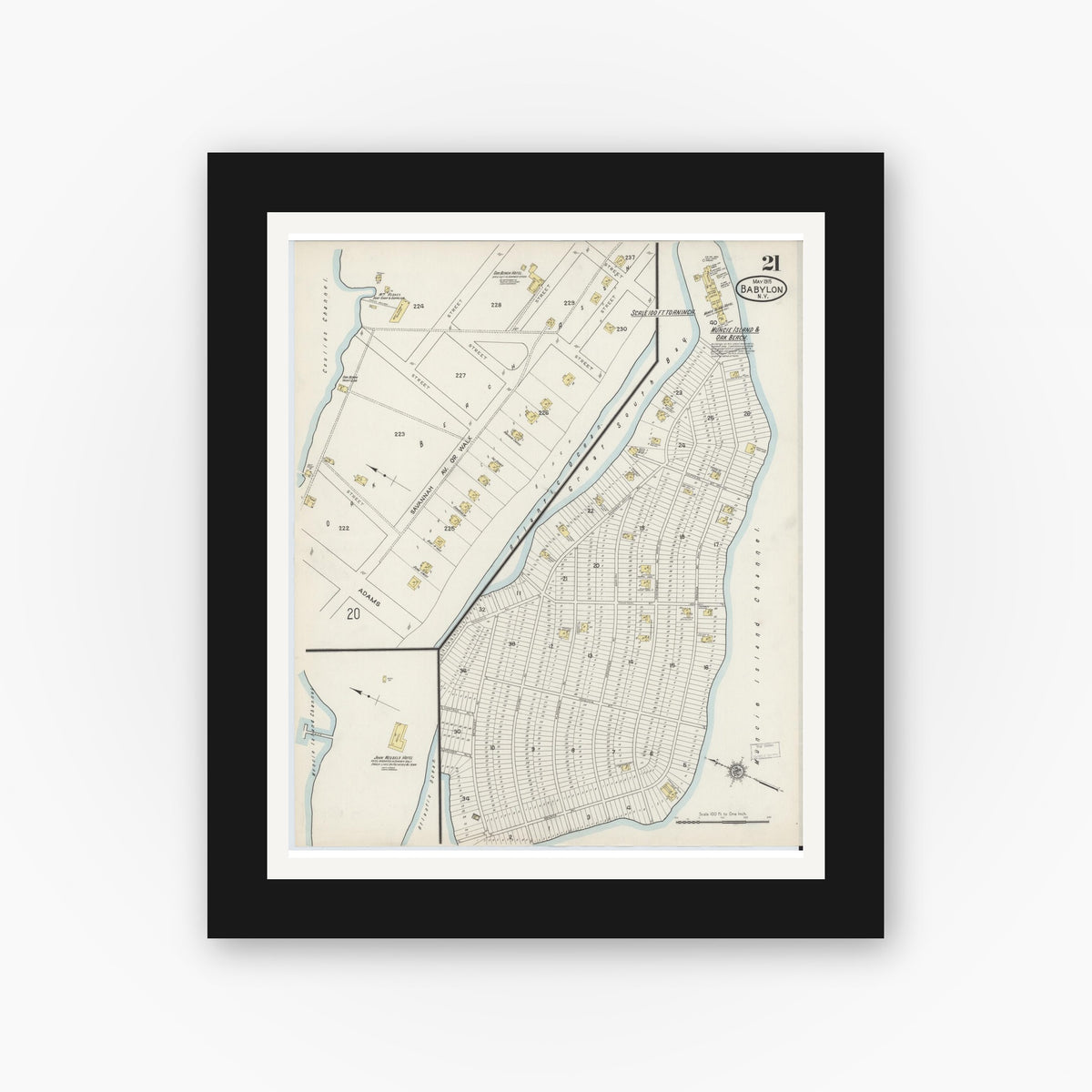 Old map wall art mockup — black gallery frame with white mat — Sanborn Fire Insurance Map from Babylon, Suffolk County, New York (1915), Sheet #0021