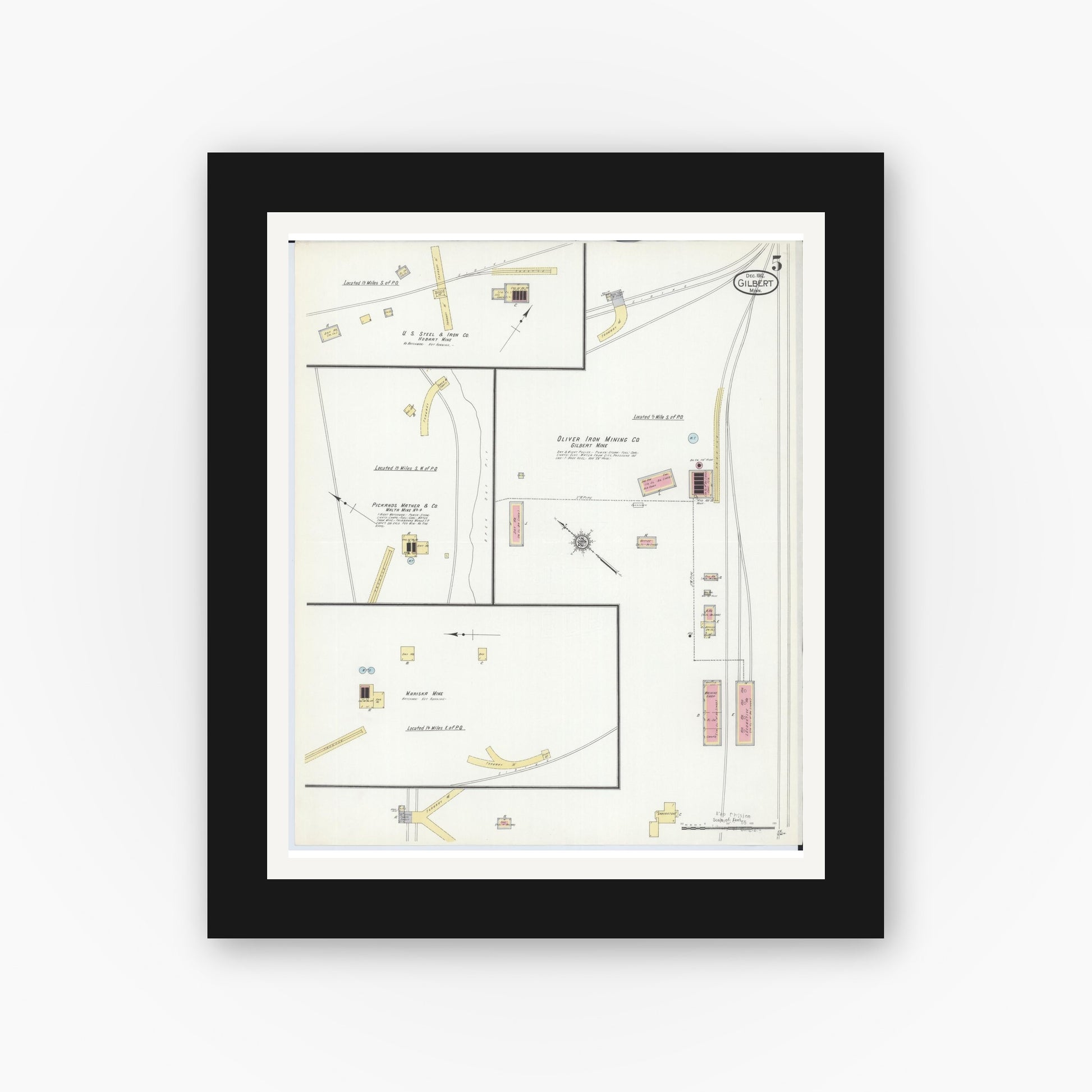 Old map wall art mockup — black gallery frame with white mat — Sanborn Fire Insurance Map from Gilbert, Saint Louis County, Minnesota (1912), Sheet #0005