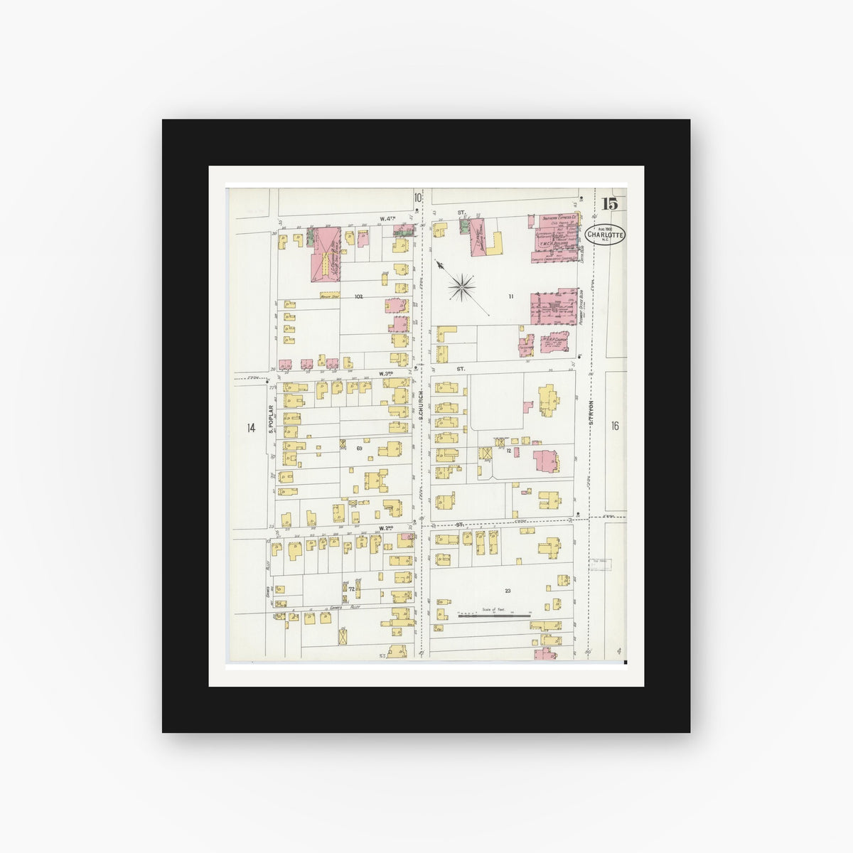 Old map wall art mockup — black gallery frame with white mat — Sanborn Fire Insurance Map from Charlotte, Mecklenburg County, North Carolina (1900), Sheet #0015