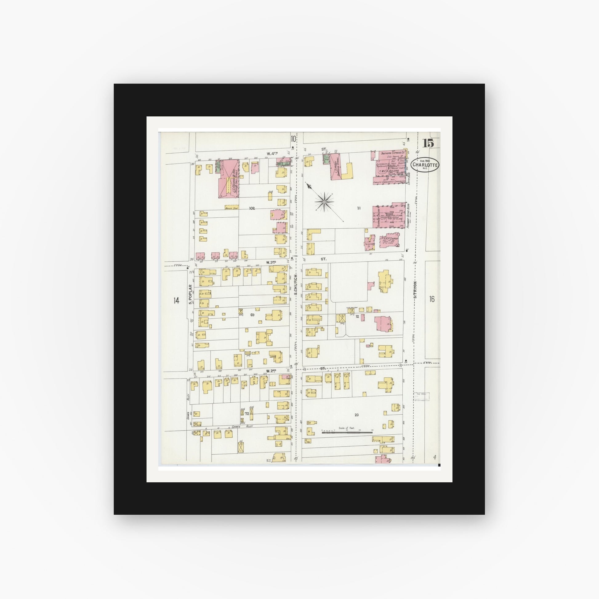 Old map wall art mockup — black gallery frame with white mat — Sanborn Fire Insurance Map from Charlotte, Mecklenburg County, North Carolina (1900), Sheet #0015