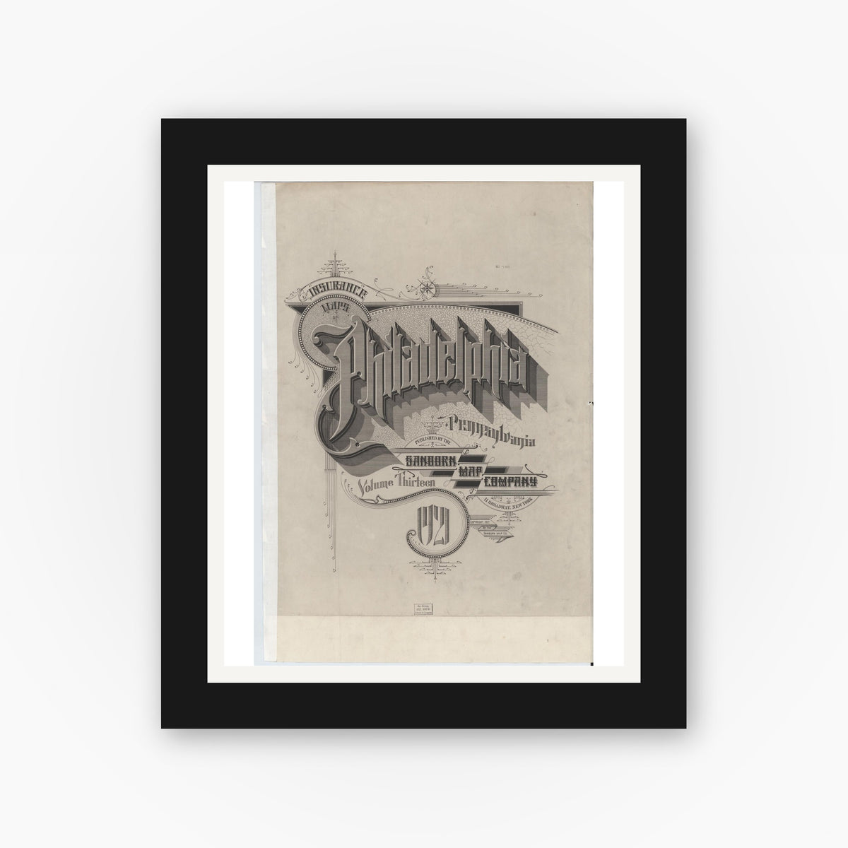 Old map wall art mockup — black gallery frame with white mat — Sanborn Fire Insurance Map from Philadelphia, Philadelphia County, Pennsylvania (1921), Sheet #0001