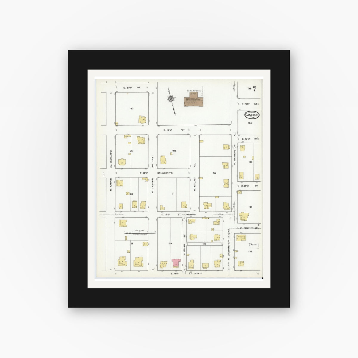 Old map wall art mockup — black gallery frame with white mat — Sanborn Fire Insurance Map from Cameron, Milam County, Texas (1920), Sheet #0007
