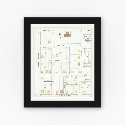 Old map wall art mockup — black gallery frame with white mat — Sanborn Fire Insurance Map from Cameron, Milam County, Texas (1920), Sheet #0007