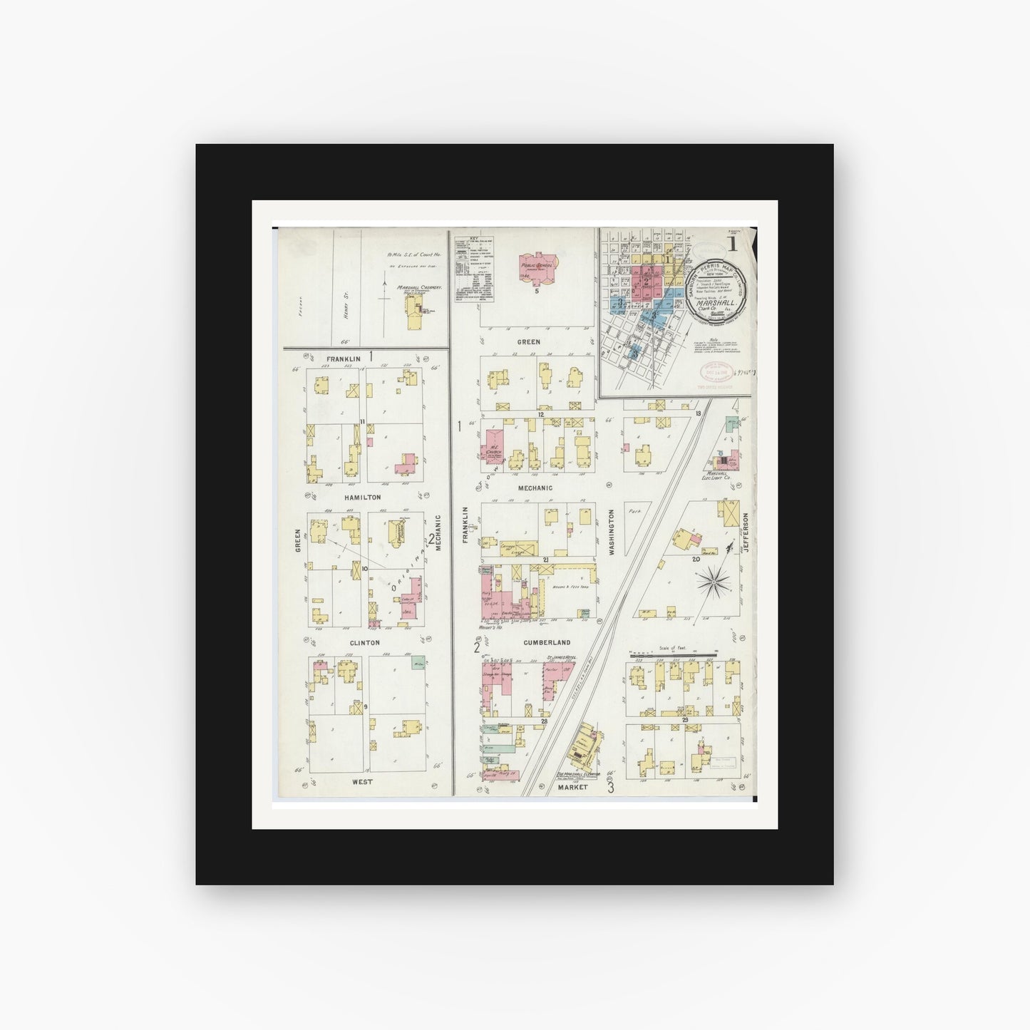 Old map wall art mockup — black gallery frame with white mat — Sanborn Fire Insurance Map from Marshall, Clark County, Illinois (1897) - Complete Map Set