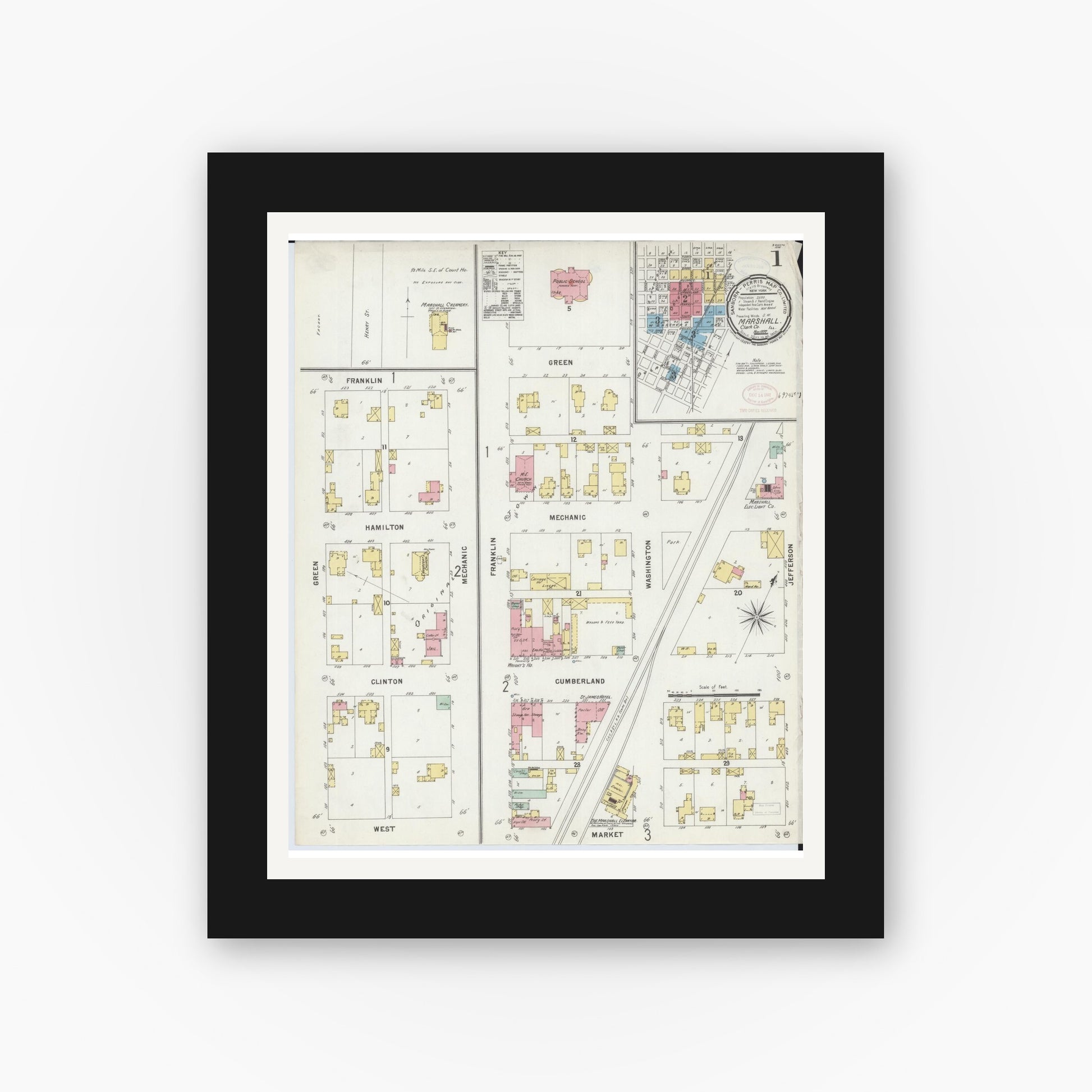 Old map wall art mockup — black gallery frame with white mat — Sanborn Fire Insurance Map from Marshall, Clark County, Illinois (1897) - Complete Map Set