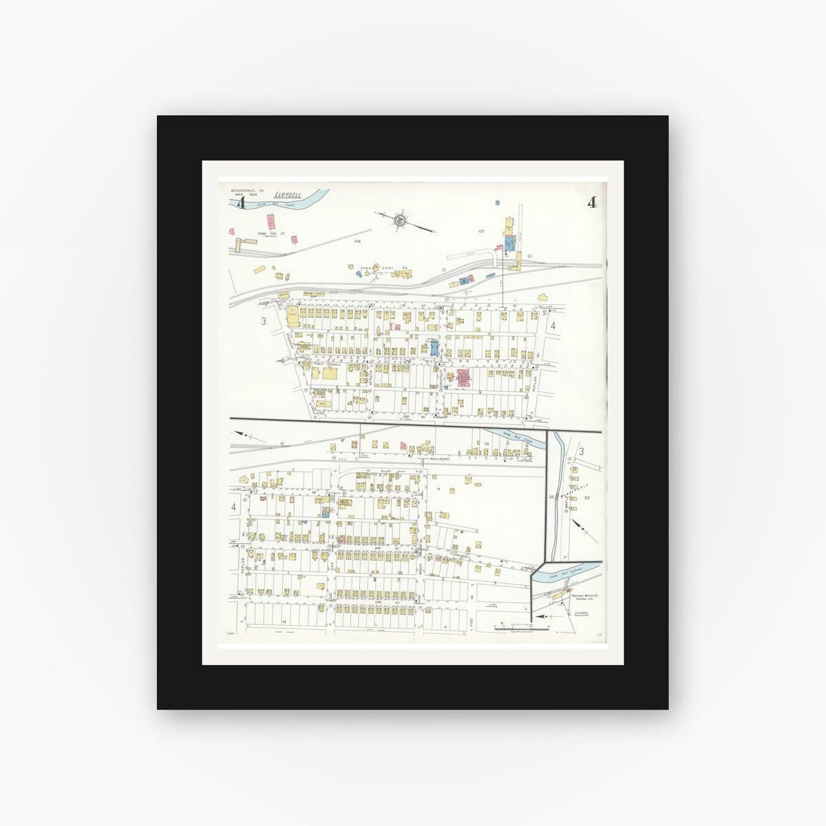 Old map wall art mockup — black gallery frame with white mat — Sanborn Fire Insurance Map from Beaverdale, Cambria County, Pennsylvania (1934), Sheet #0004