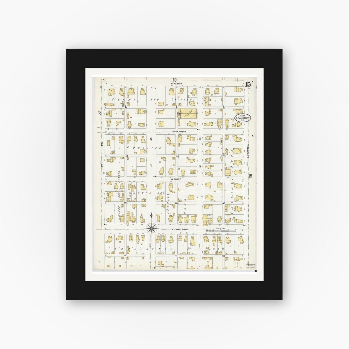Old map wall art mockup — black gallery frame with white mat — Sanborn Fire Insurance Map from Frankfort, Clinton County, Indiana (1906), Sheet #0015