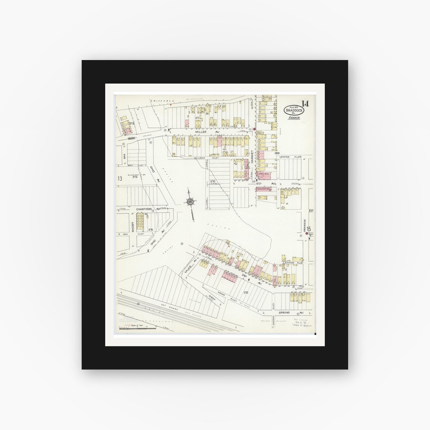 Old map wall art mockup — black gallery frame with white mat — Sanborn Fire Insurance Map from Braddock, Allegheny County, Pennsylvania (1914), Sheet #0014